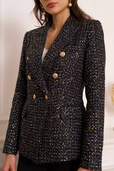 Double-breasted blazer jacket in multicolored tweed & sequins - V2321Y: Black / 1 S - 1 M - 1 L - 1 XL