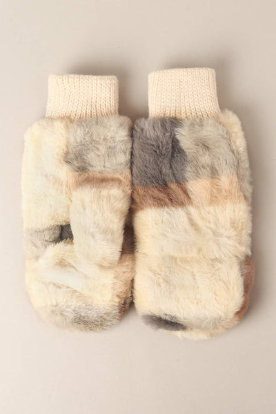 Plaid Convertible Fingerless Faux Fur Mittens: Pink / One Size