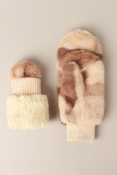 Plaid Convertible Fingerless Faux Fur Mittens: Pink / One Size