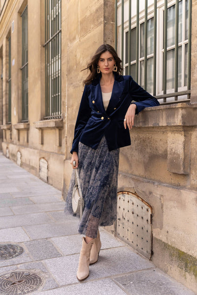 Double-breasted velvet blazer with gold buttons - V1721N: Bordeaux