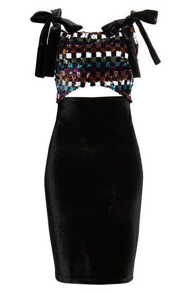 Madison Shoulder Tie Velvet Sequin Contrast Dress: BLACK
