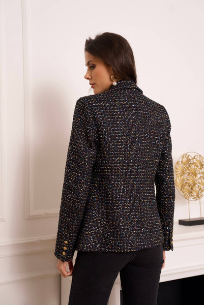 Double-breasted blazer jacket in multicolored tweed & sequins - V2321Y: Black / 1 S - 1 M - 1 L - 1 XL