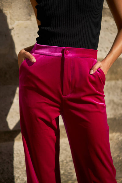 High-waisted straight-cut velvet trousers - P2228: Bordeaux