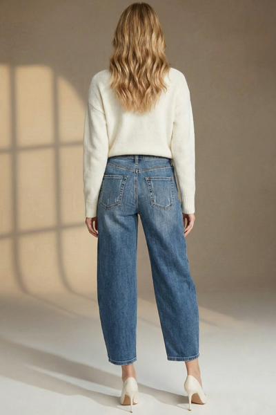 High Rise Relaxed Barrel Jeans – Medium Wash