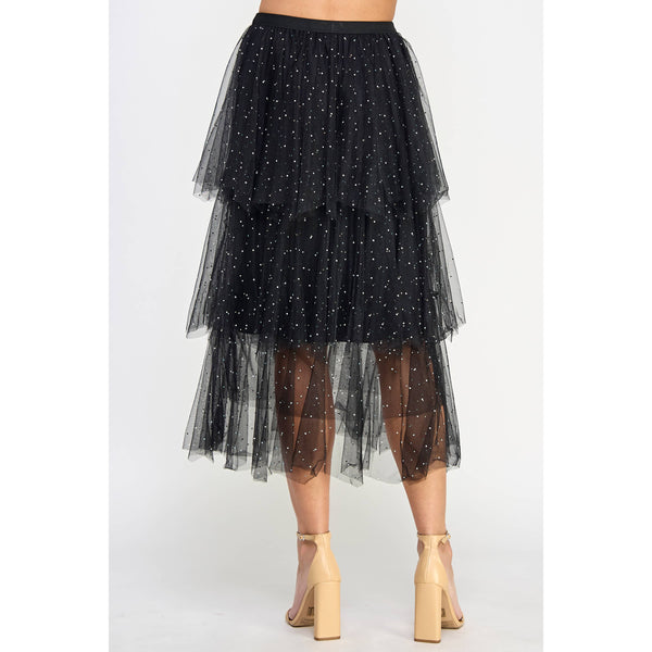 Studded Rhinestone Tiered Tulle Midi Skirt: Black