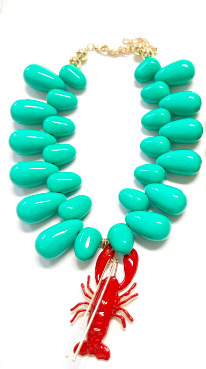 Lobster- Kitsch and Sea- Resin Bead Statement Necklace : Aqua
