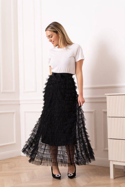Alma long skirt in ruched tulle with ruffles - 80877: Black