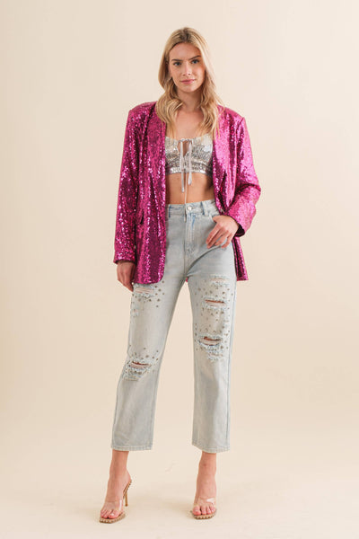 22573J  -Sequin Boyfriend Single Blazer: FUCHSIA