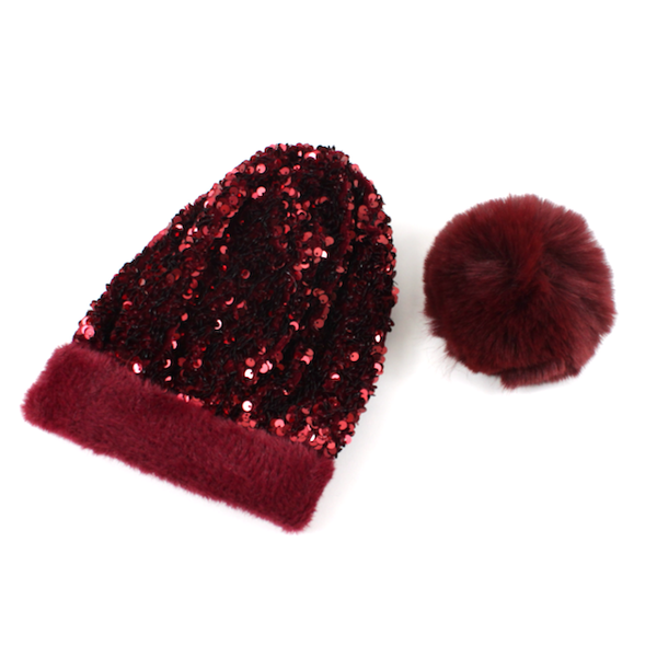 H21029 Beanie w/Pom Pom & Sequins: 04 Pink