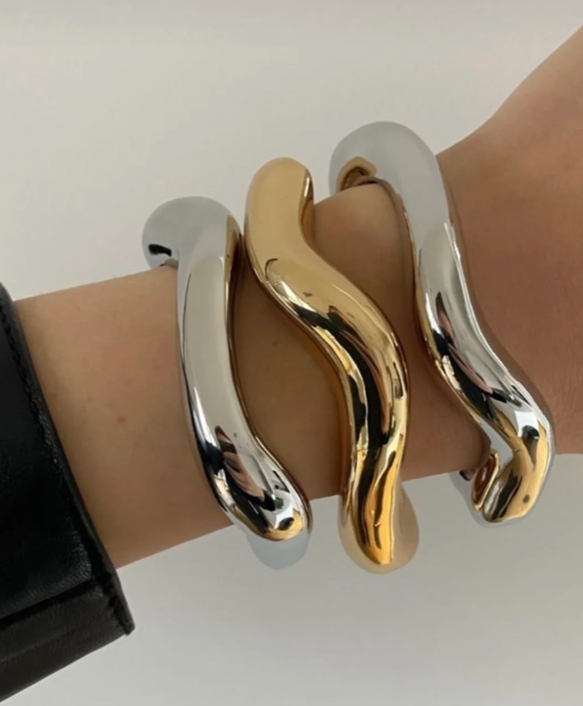 Editorial Wave Cuff Bangle Bracelet-14K Gold PVD- Recycled : Silver