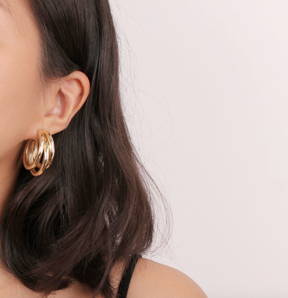 Triple Medium Hoop High Shine Steel Earring: Yellow Gold
