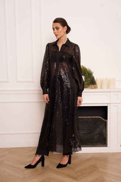 Long sequin sequin dress jacket - CK08341: Black