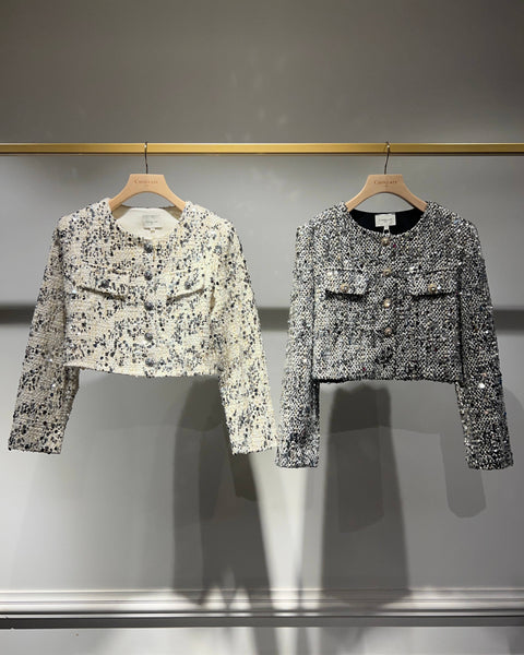 Jenny short jacket in tweed & sequins - CK08346: Ecru