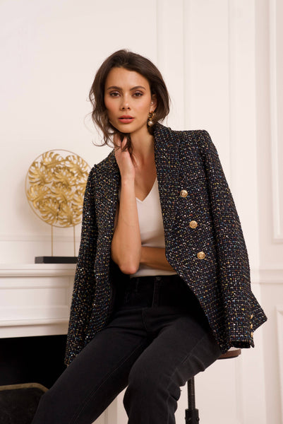 Double-breasted blazer jacket in multicolored tweed & sequins - V2321Y: Black / 1 S - 1 M - 1 L - 1 XL