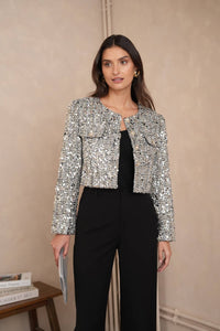 Jenny short jacket in tweed & sequins silver