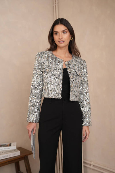 Jenny short jacket in tweed & sequins silver