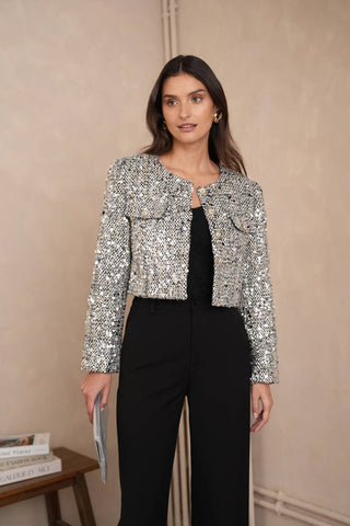 Jenny short jacket in tweed & sequins silver