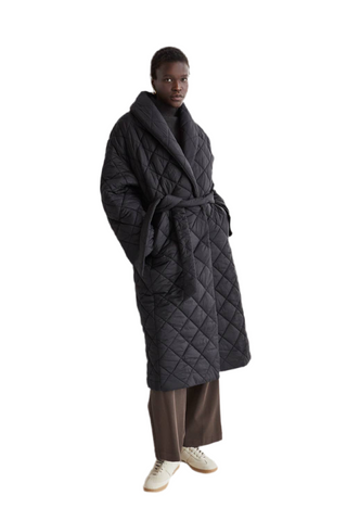 Adeline Quilted Puffer Wrap Coat: Black