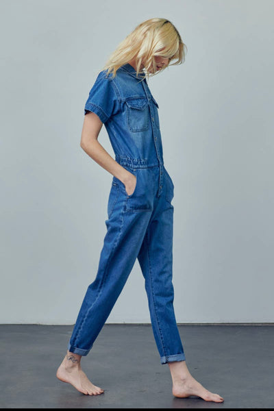 Collard Button Front Denim Jumpsuit