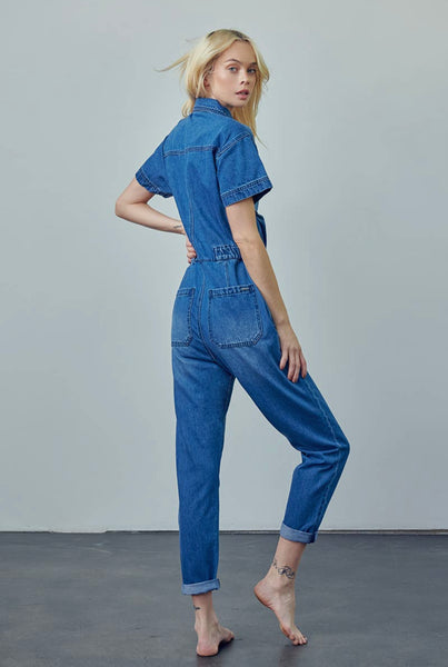 Collard Button Front Denim Jumpsuit