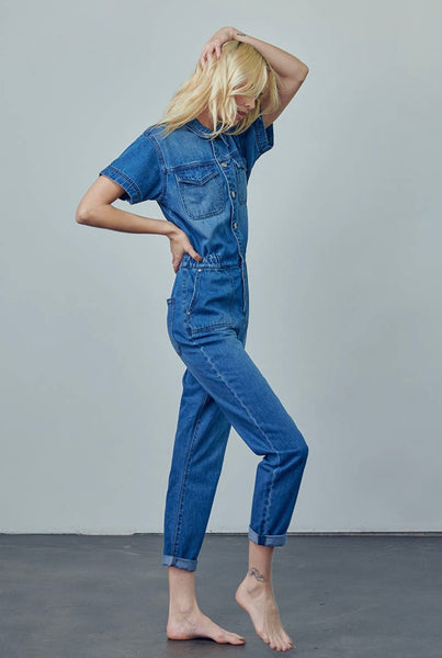 Collard Button Front Denim Jumpsuit