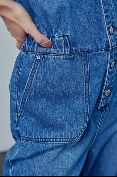 Collard Button Front Denim Jumpsuit