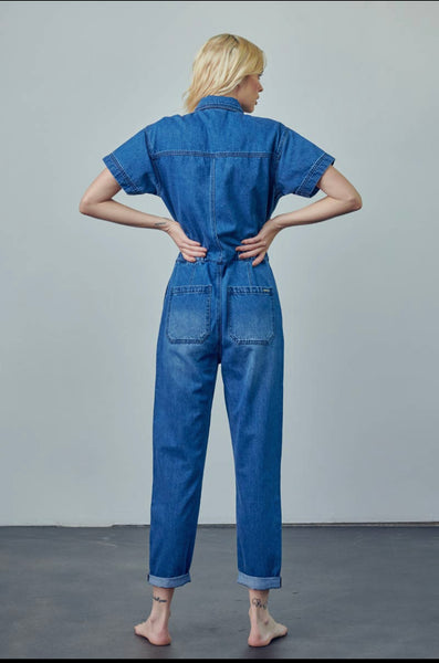 Collard Button Front Denim Jumpsuit