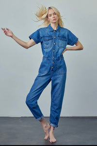 Collard Button Front Denim Jumpsuit