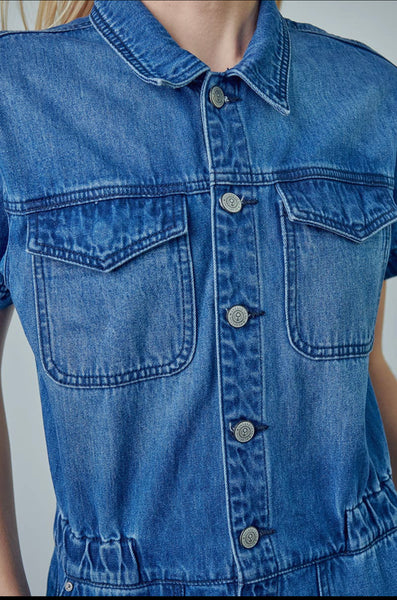 Collard Button Front Denim Jumpsuit