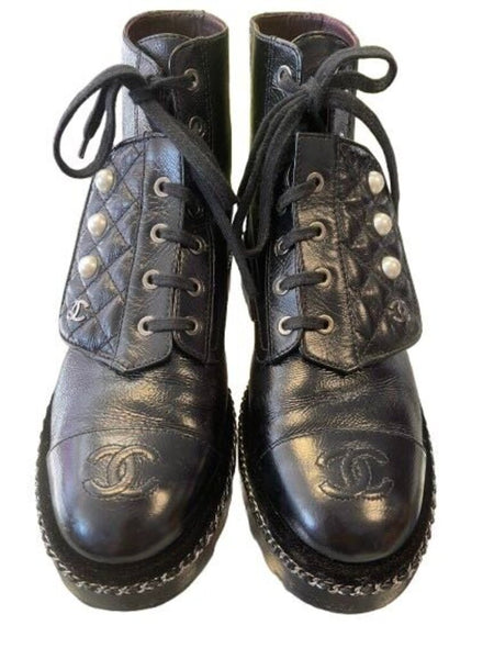 Chanel Black Patent Combat Boot Size 38