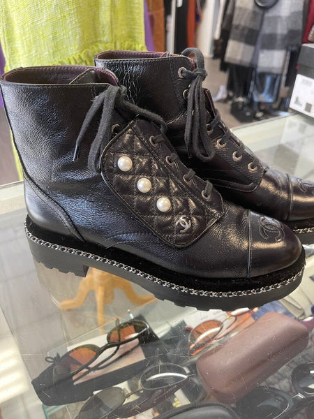 Chanel Black Patent Combat Boot Size 38