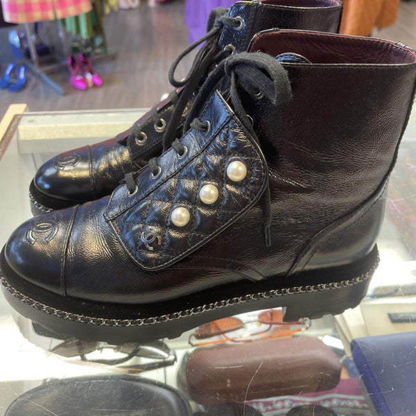Chanel Black Patent Combat Boot Size 38