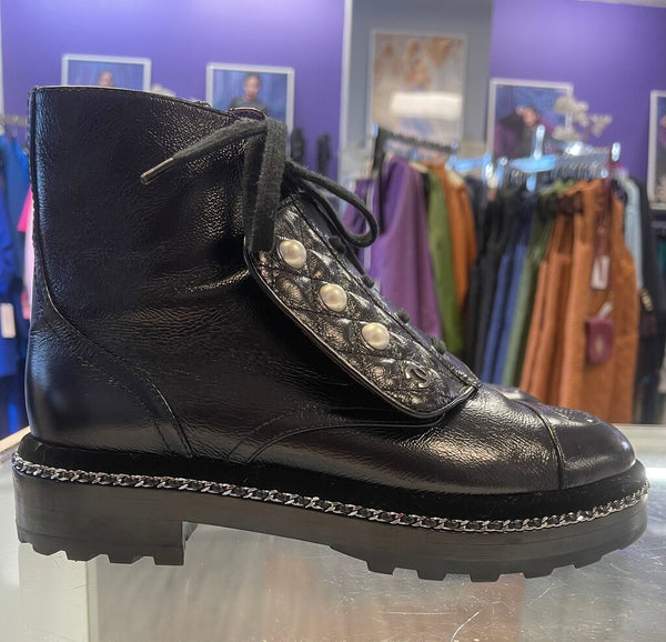 Chanel Black Patent Combat Boot Size 38
