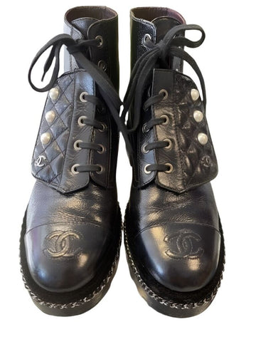 Chanel Black Patent Combat Boot Size 38