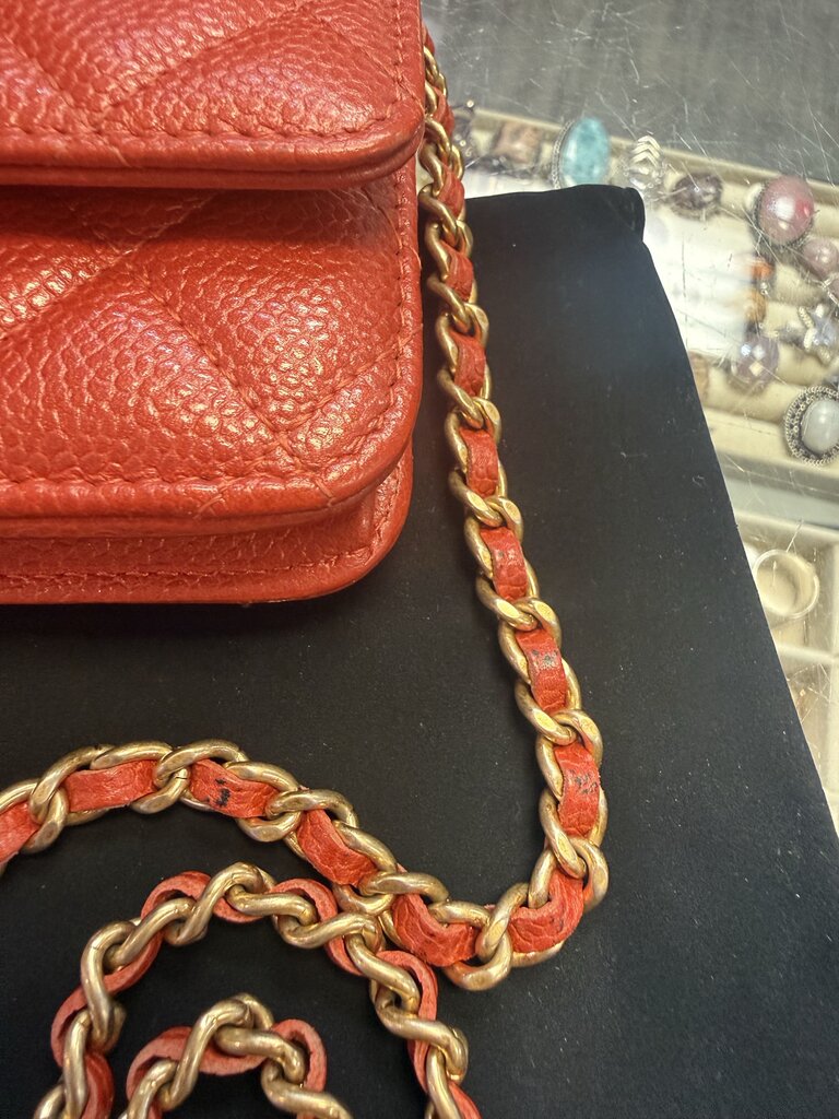 Chanel Red Quilted Caviar Leather Wallet on Chain (WOC)