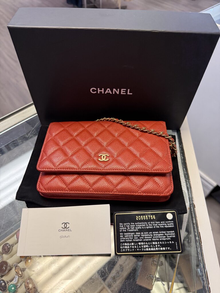 Chanel Red Quilted Caviar Leather Wallet on Chain (WOC)