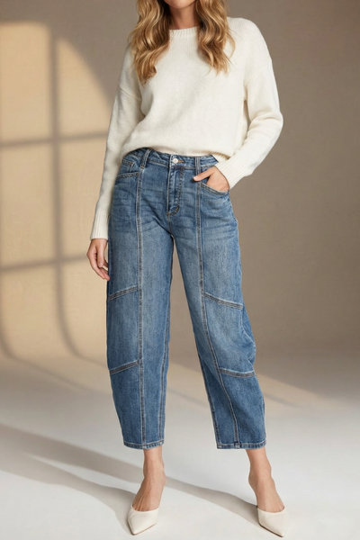 High Rise Relaxed Barrel Jeans – Medium Wash