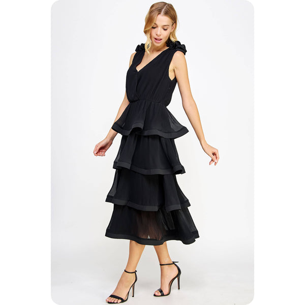 Ruffle Tiered Midi Dress: Black