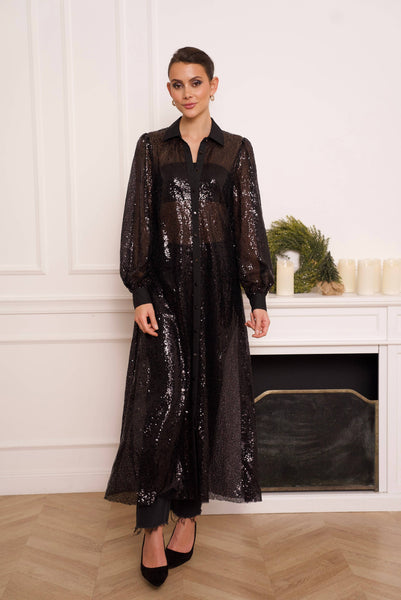 Long sequin sequin dress jacket - CK08341: Black