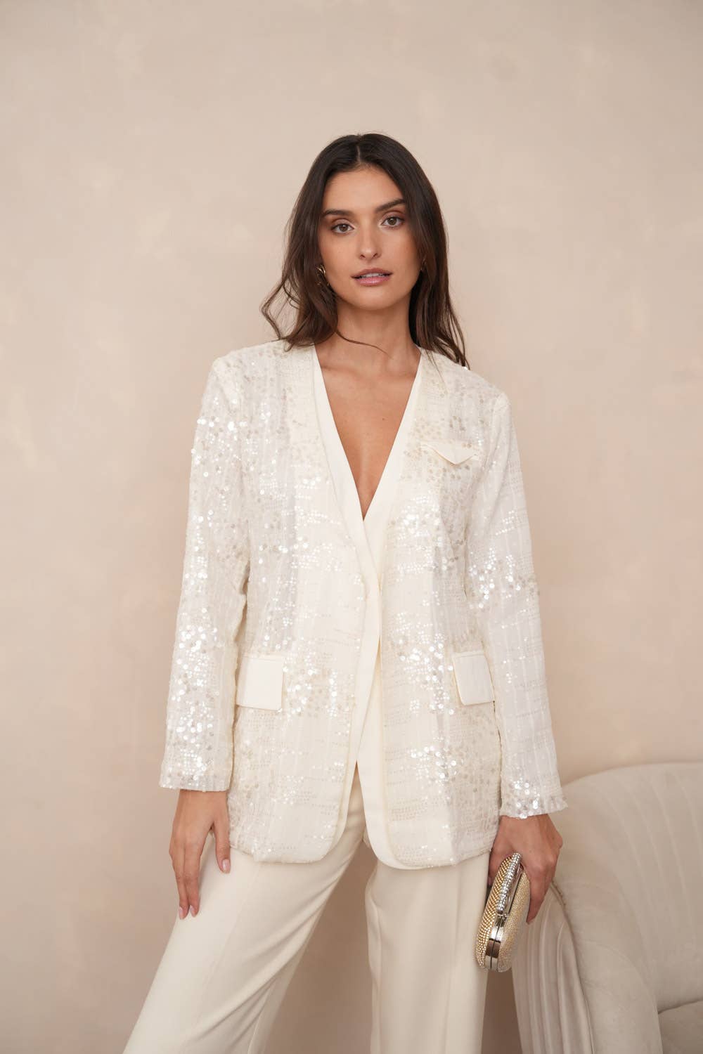 2-in-1 Sequin Dress Jacket - CK08349: Ecru