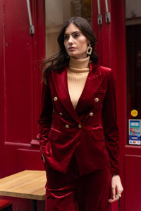 Double-breasted velvet blazer with gold buttons - V1721N: Bordeaux