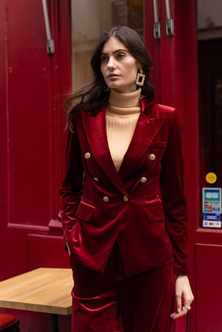 Double-breasted velvet blazer with gold buttons - V1721N: Bordeaux