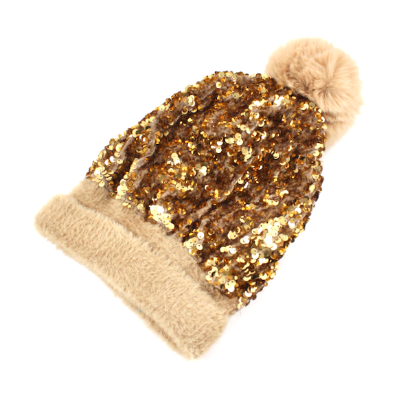 H21029 Beanie w/Pom Pom & Sequins: 04 Pink
