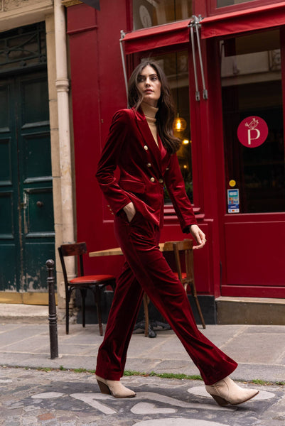 High-waisted straight-cut velvet trousers - P2228: Bordeaux