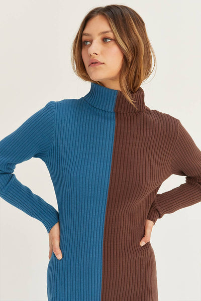 CD8069 - Jodie Colorblock Midi Sweater Dress: BLUE BROWN