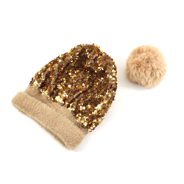 H21029 Beanie w/Pom Pom & Sequins: 04 Pink
