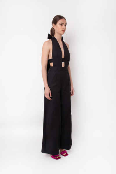 Atlanta Plunge Neck Bow Tie Halter Jumpsuit: Small / Black