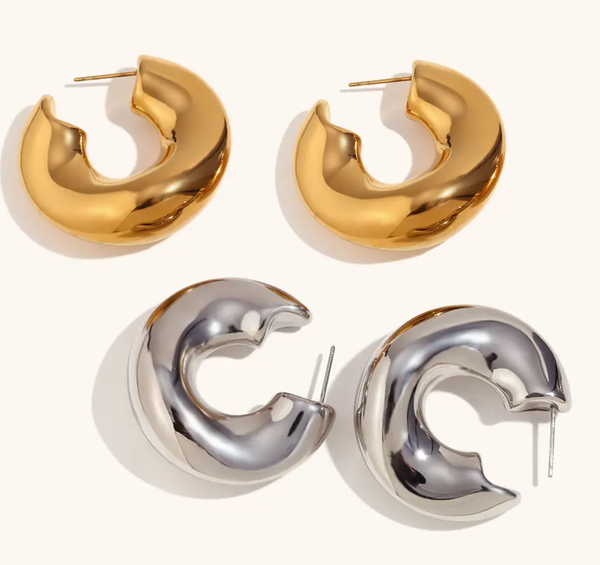 Wave-Puffy Hoop- Steel Earrings- 14K gold or Silver: Silver
