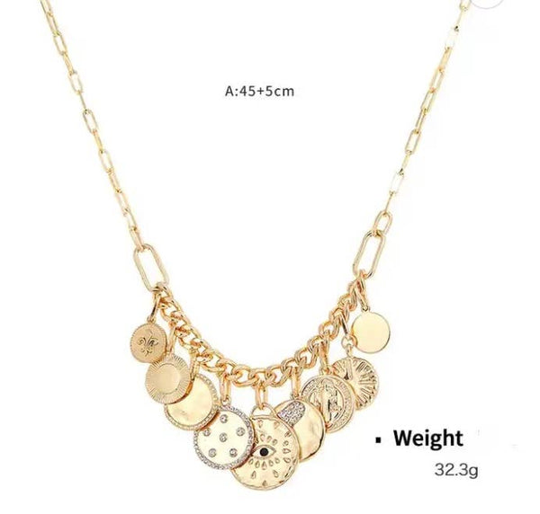 Celestial Multi Charm  Paperclip Necklace- 9 COINS