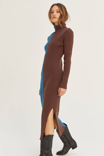 CD8069 - Jodie Colorblock Midi Sweater Dress: BLUE BROWN